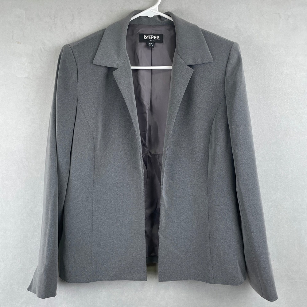 VTG Kasper Petite Gray Open Front Blazer Jacket Notched Lapel Sz 6P Professional